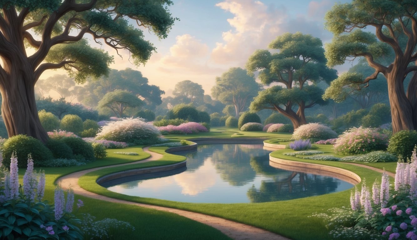 A serene garden with intertwining paths, blooming flowers, and a tranquil pond reflecting the sky, surrounded by ancient trees and softly glowing with ethereal light