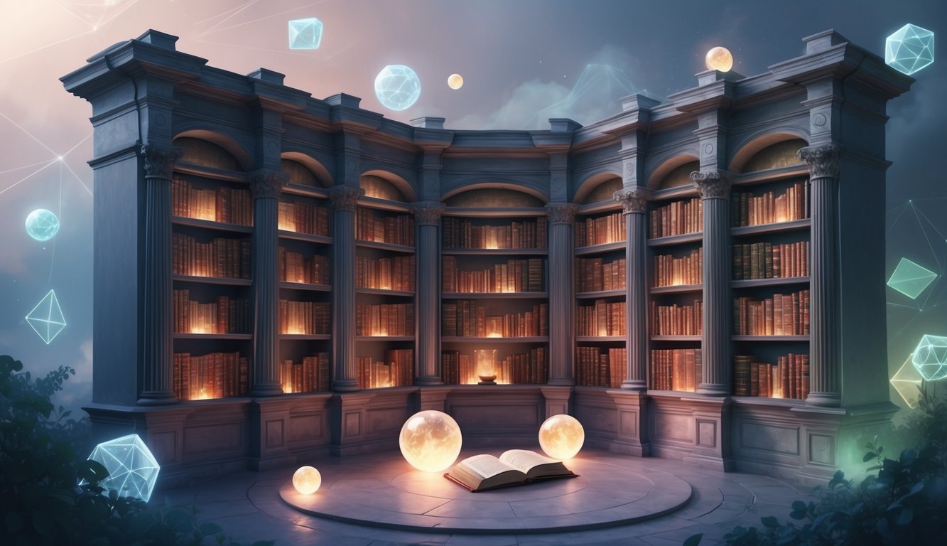 A serene library filled with ancient tomes and glowing orbs, surrounded by ethereal light and floating geometric shapes