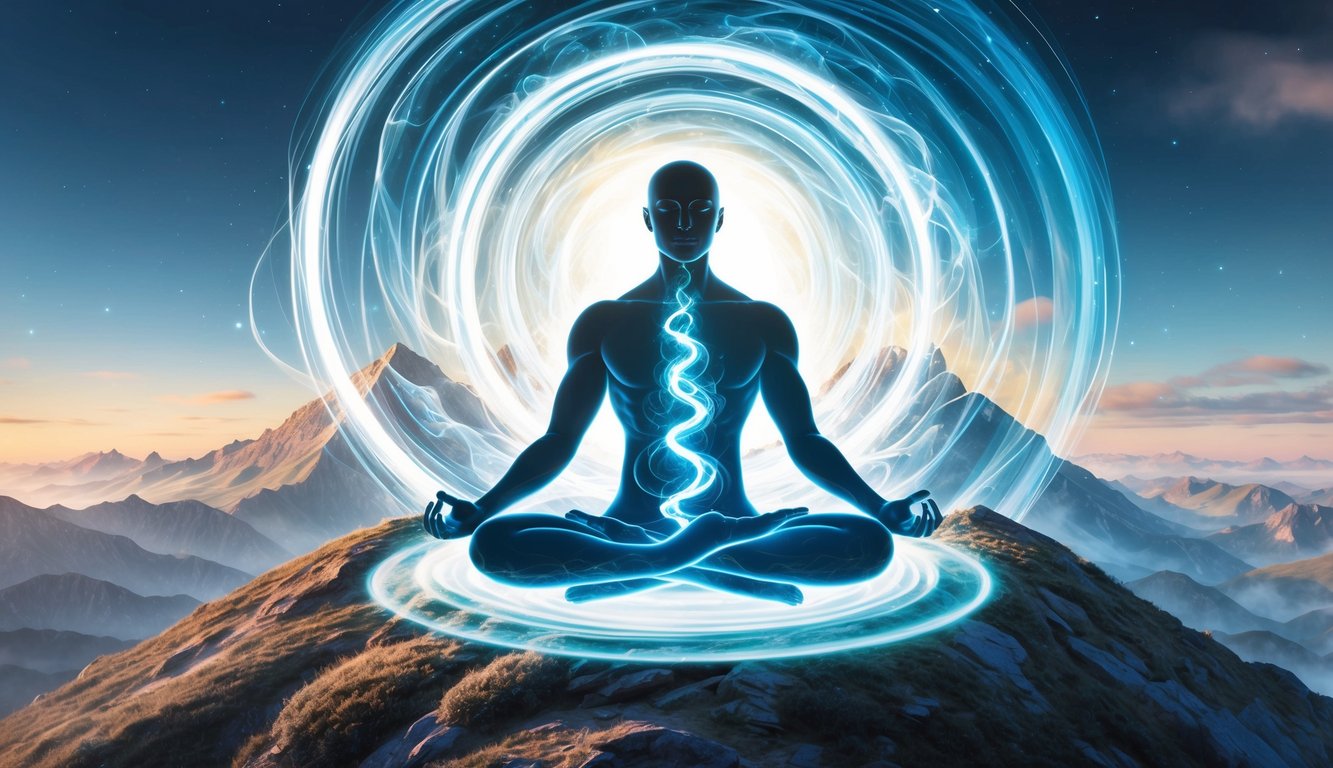 A figure meditates on a mountaintop, surrounded by swirling energy and ethereal light, symbolizing the challenges and critiques of metaphysical spirituality