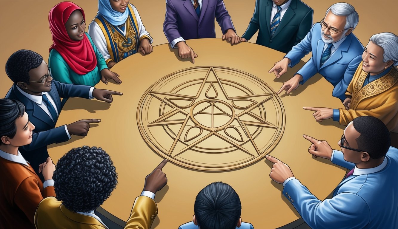 A group of people of different cultural backgrounds standing around a pentagram, each pointing to a different symbol on it