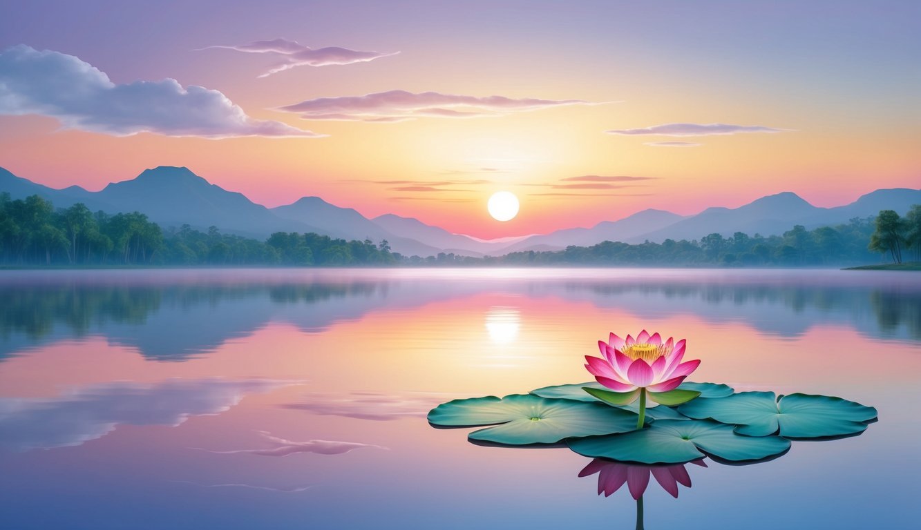 A serene sunrise over a tranquil lake, with a lone lotus flower blooming in the still water