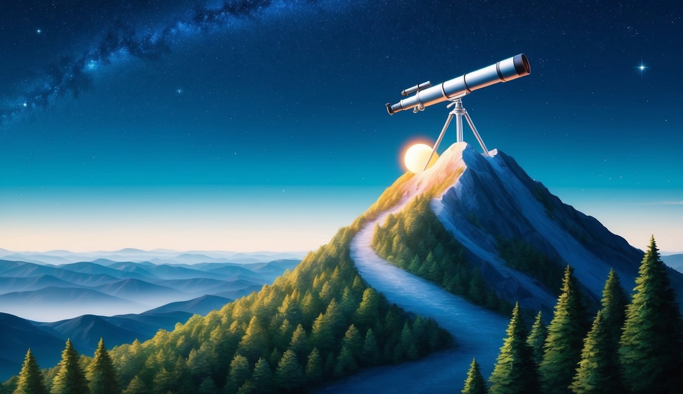 A serene mountain peak with a telescope and a glowing orb, surrounded by a lush forest and clear starry sky