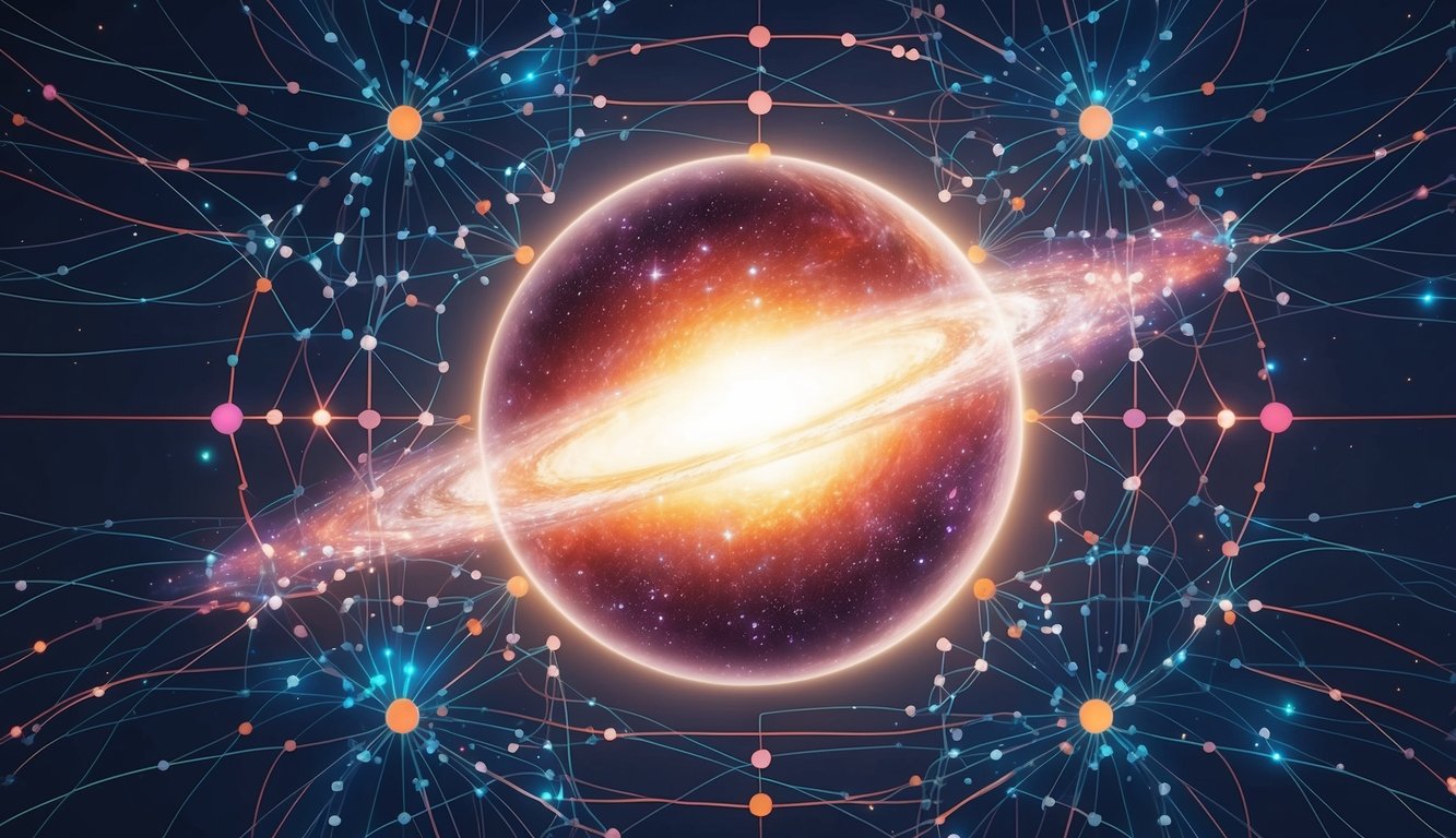 A glowing galaxy surrounded by interconnected neural networks, symbolizing the intersection of science and spirituality