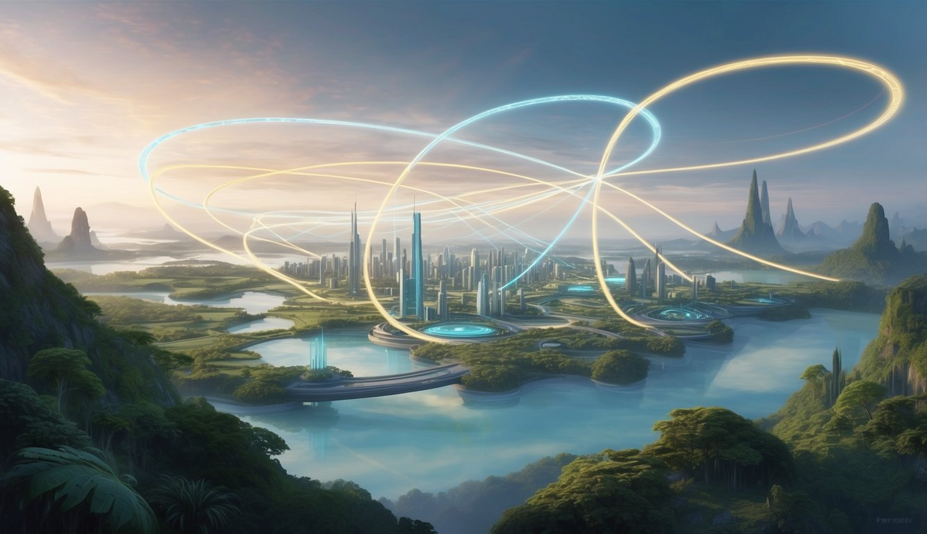 A serene, futuristic cityscape with glowing, interconnected energy pathways weaving through the air, surrounded by lush, otherworldly landscapes