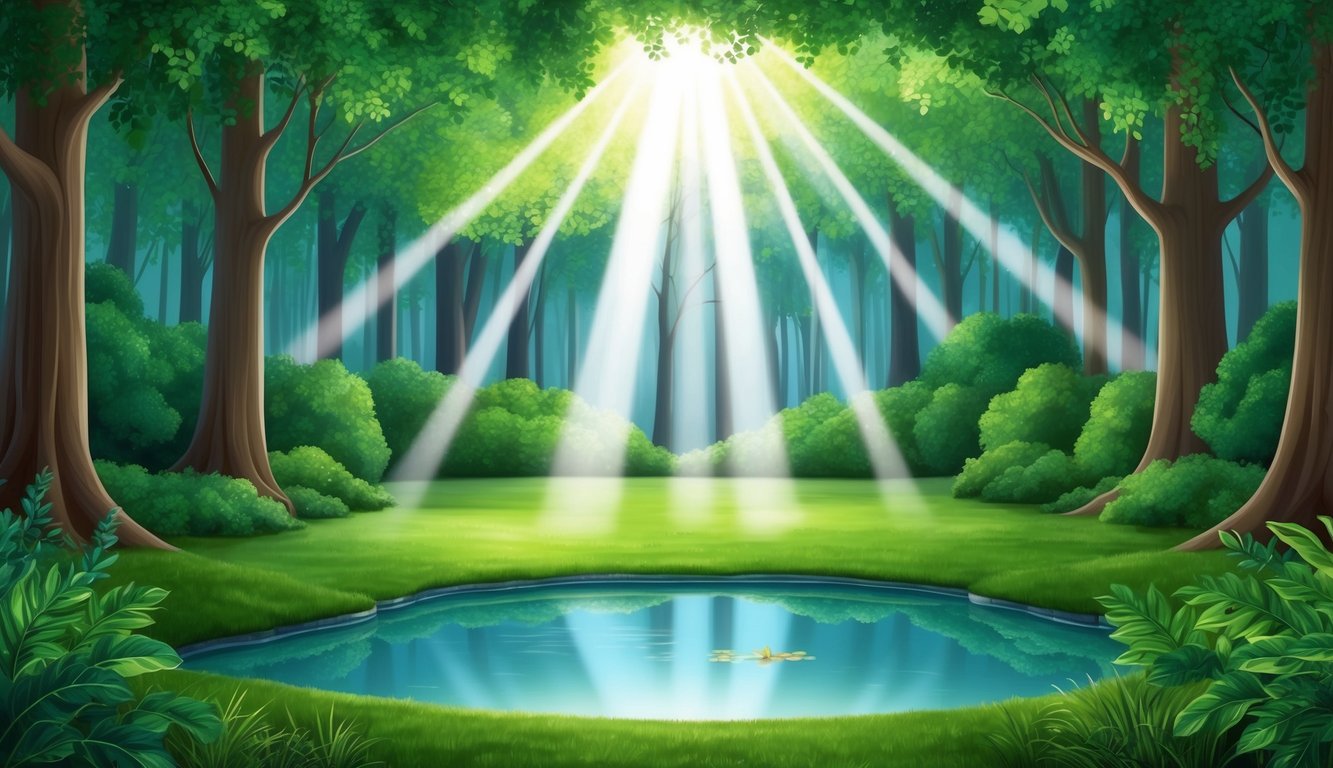 A serene forest with a beam of light breaking through the canopy, illuminating a tranquil pond surrounded by lush greenery