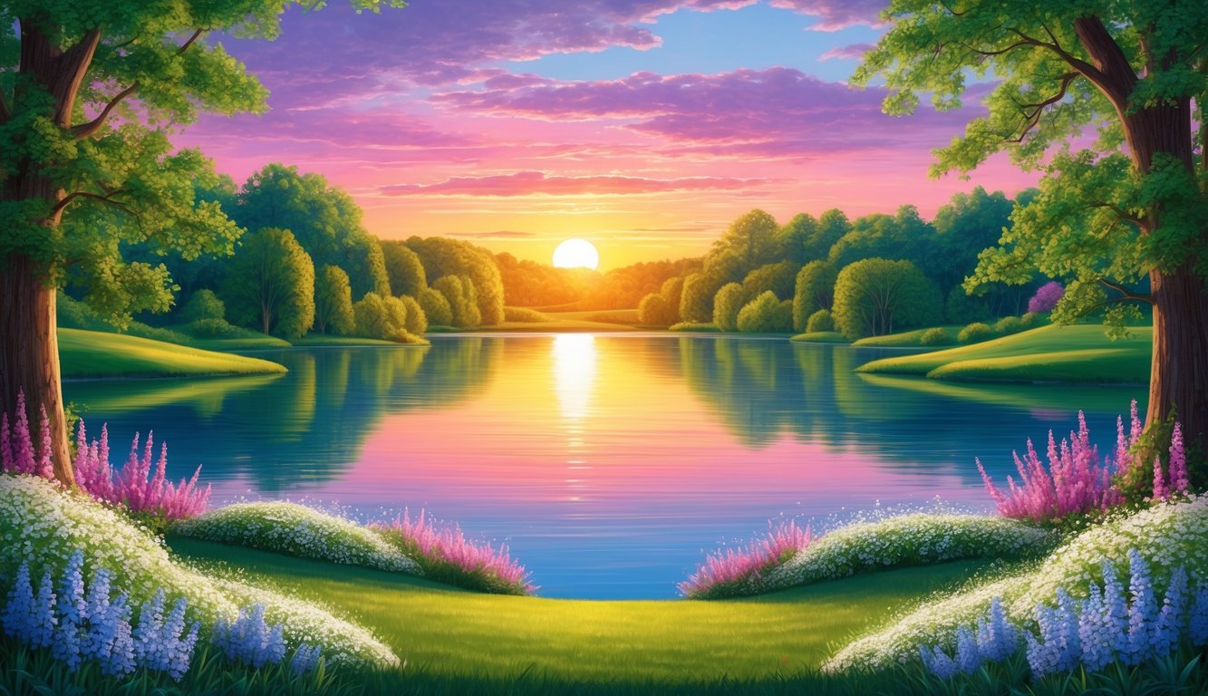 A serene landscape with a vibrant sunrise over a tranquil lake, surrounded by blooming flowers and lush greenery