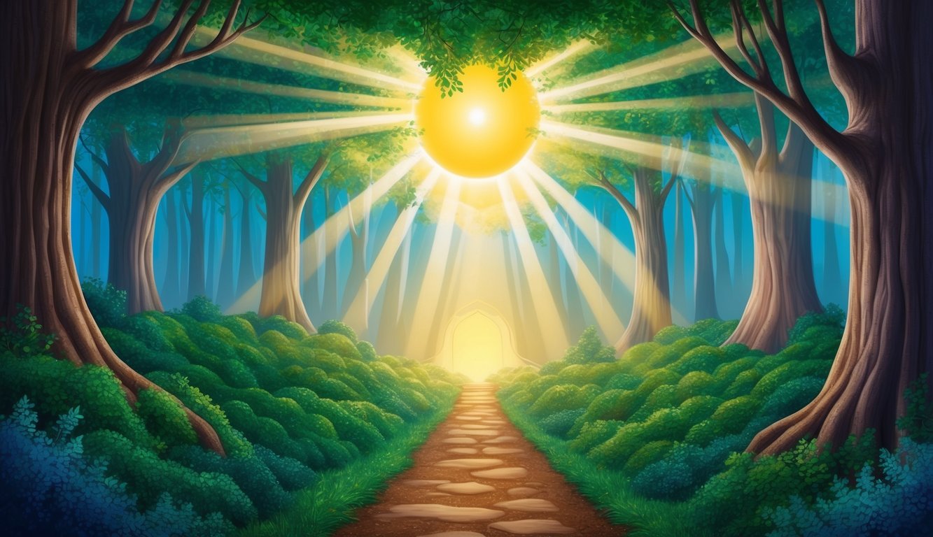 A vibrant sunrise over a tranquil forest, with beams of light breaking through the canopy, illuminating a path leading to a hidden, sacred space