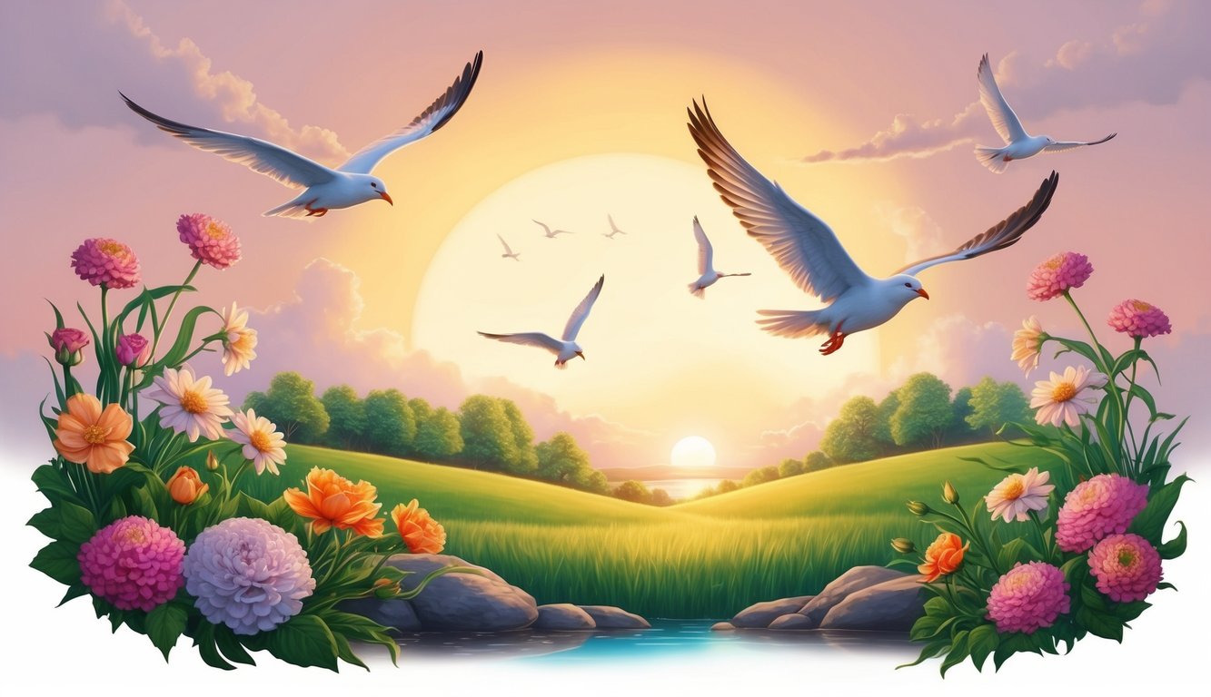 A serene landscape with a glowing sunrise, blooming flowers, and soaring birds