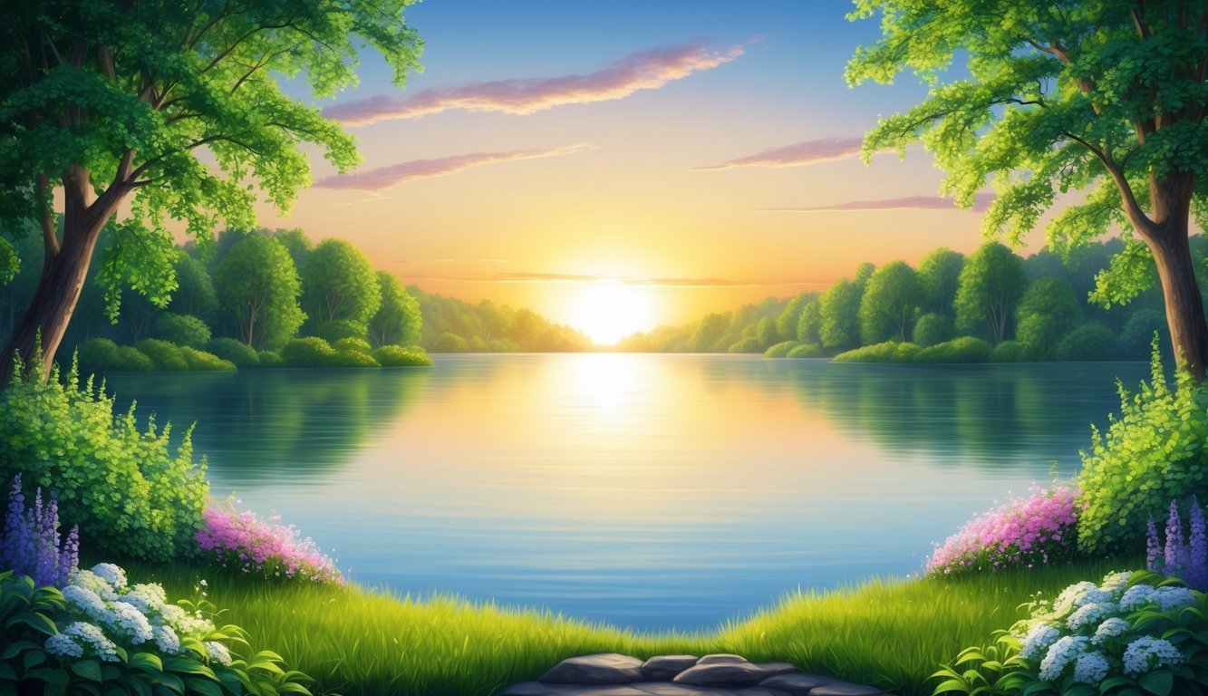 A serene sunrise over a tranquil lake, surrounded by lush greenery and vibrant flowers, with a sense of peace and enlightenment in the air