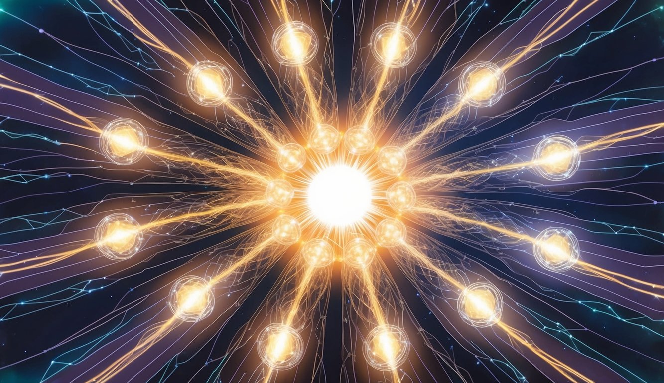 A group of interconnected, glowing orbs radiate energy, forming intricate patterns symbolizing social dynamics and relationships during a spiritual awakening