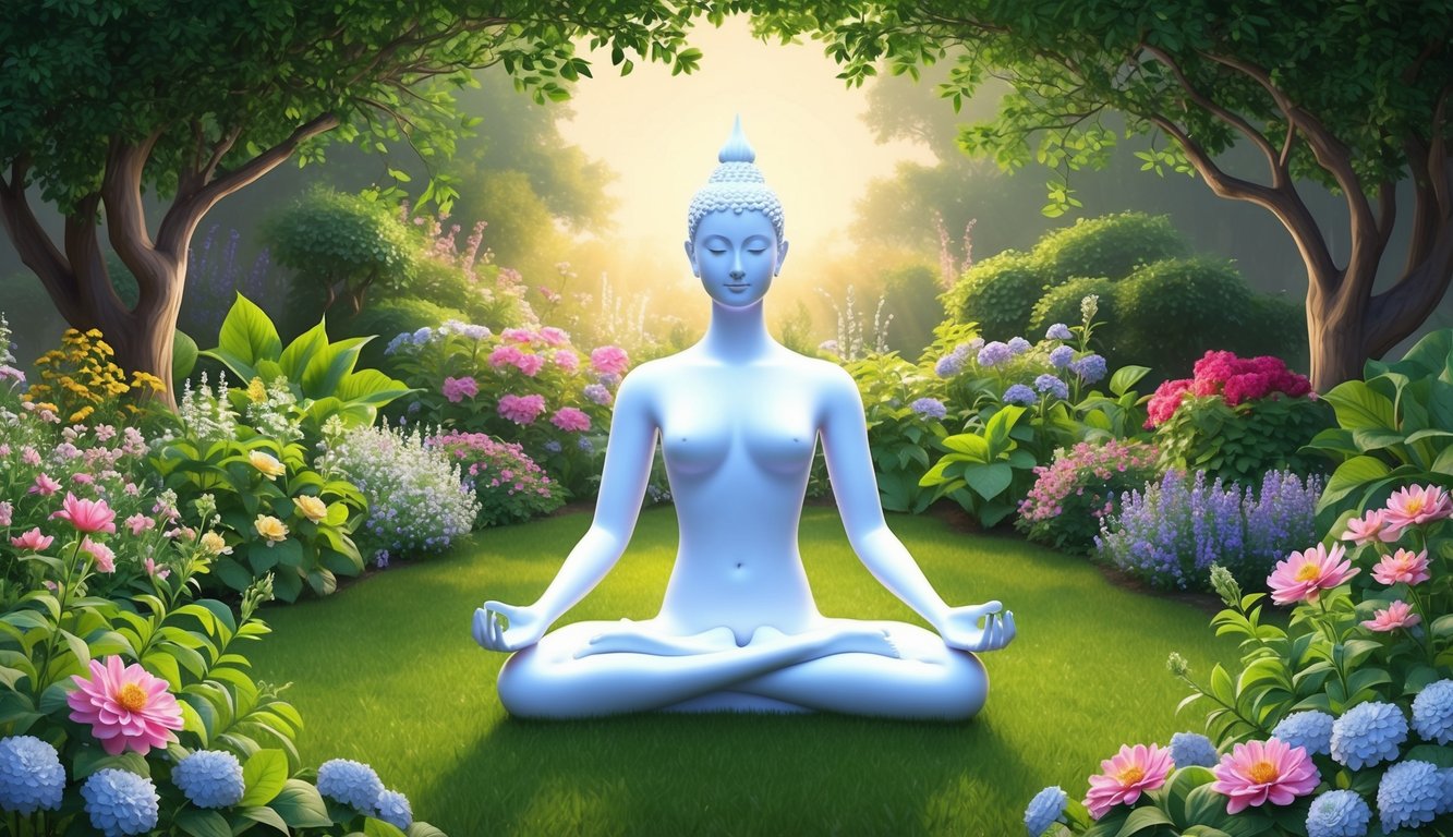 A serene figure meditates in a lush garden, surrounded by blooming flowers and a peaceful atmosphere, symbolizing spiritual growth and inner peace