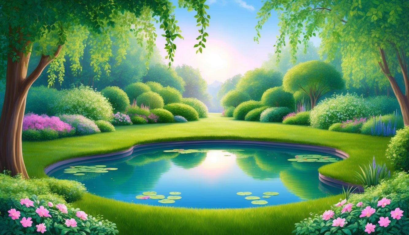 A serene garden with a peaceful pond, surrounded by lush greenery and blooming flowers, evoking a sense of tranquility and spiritual connection