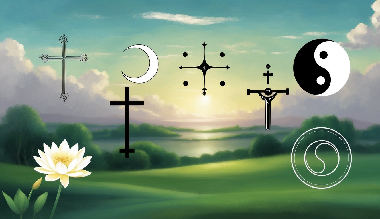 A serene landscape with symbols of various spiritual traditions, such as a lotus flower, cross, crescent moon, and yin-yang symbol