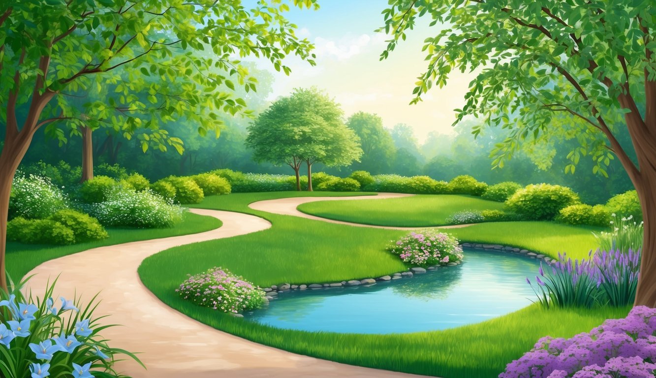 A serene garden with a winding path, blooming flowers, and a tranquil pond surrounded by lush greenery.</p><p>A gentle breeze rustles the leaves of the trees, creating a peaceful atmosphere for contemplation