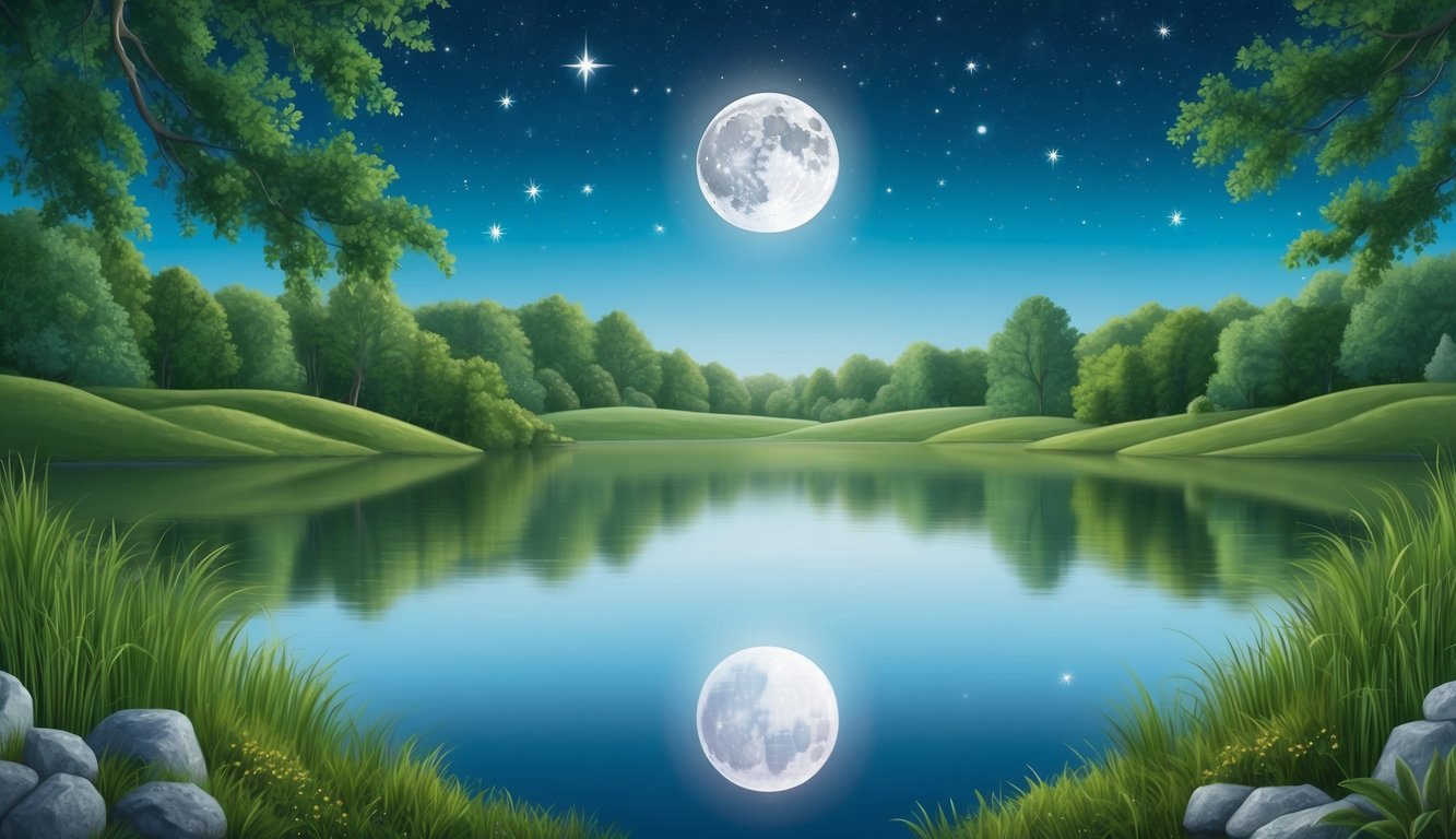 A serene landscape with a calm body of water reflecting the moon and stars, surrounded by lush greenery and a sense of tranquility