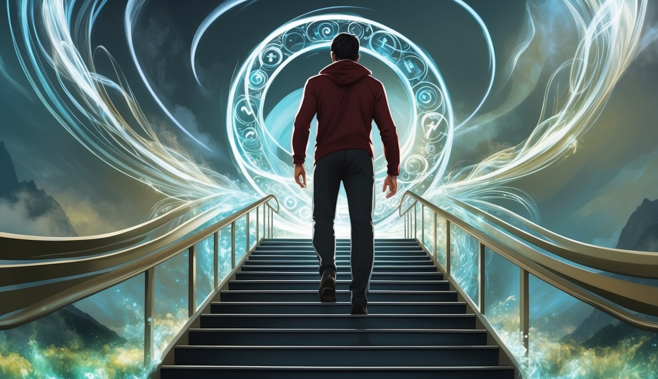 A figure ascending a staircase, surrounded by swirling symbols and ethereal light