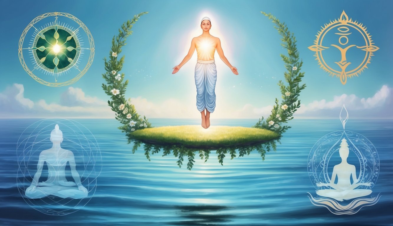 A serene figure floating above a calm sea, surrounded by symbols of nature and spirituality, with a sense of enlightenment and understanding