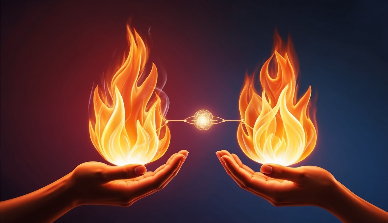 Two flames burning brightly, connected by an invisible bond, communicating through energy and intuition