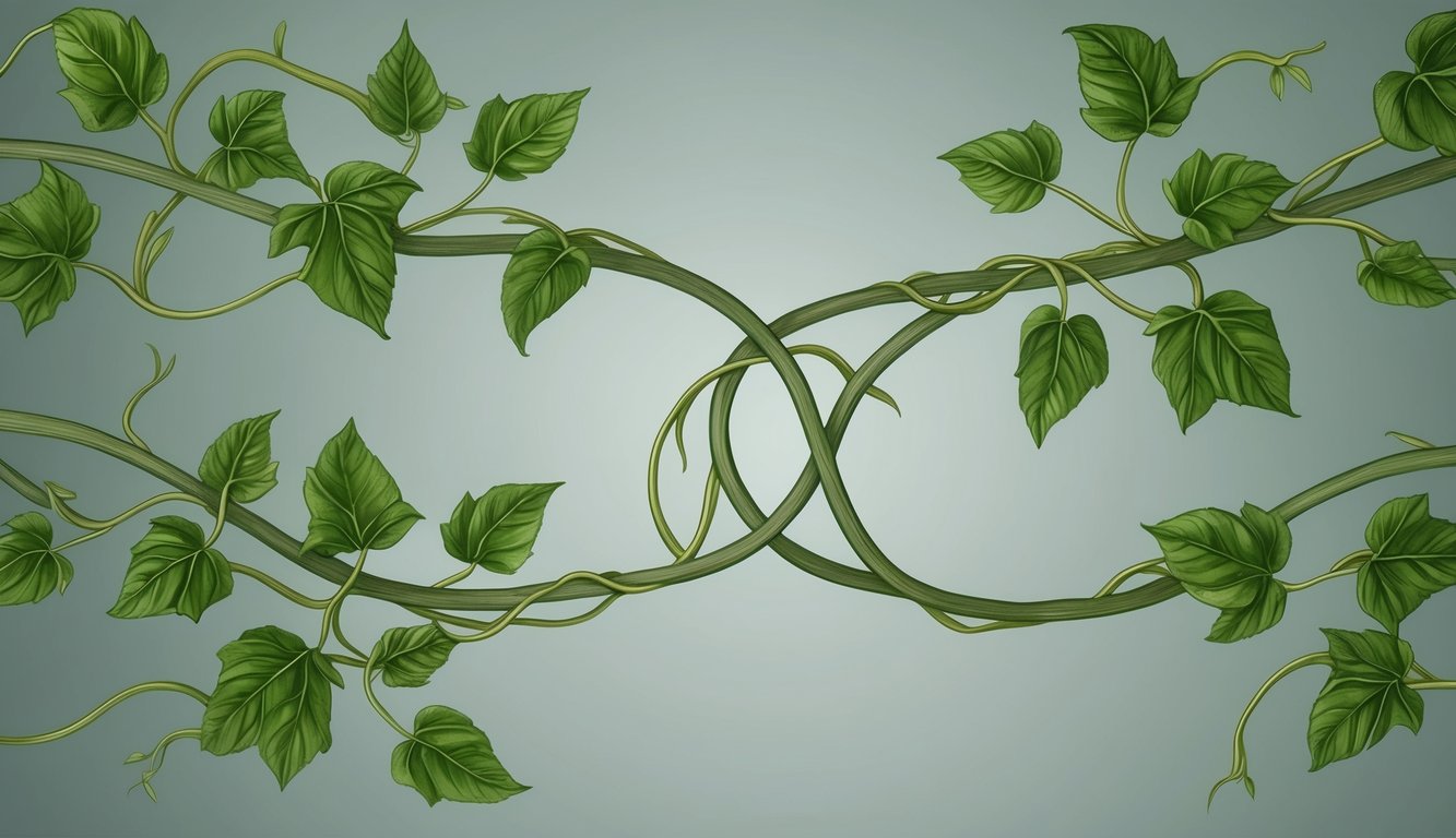 Two intertwined vines growing and reaching towards each other, their leaves and tendrils overlapping in a dance of connection and growth