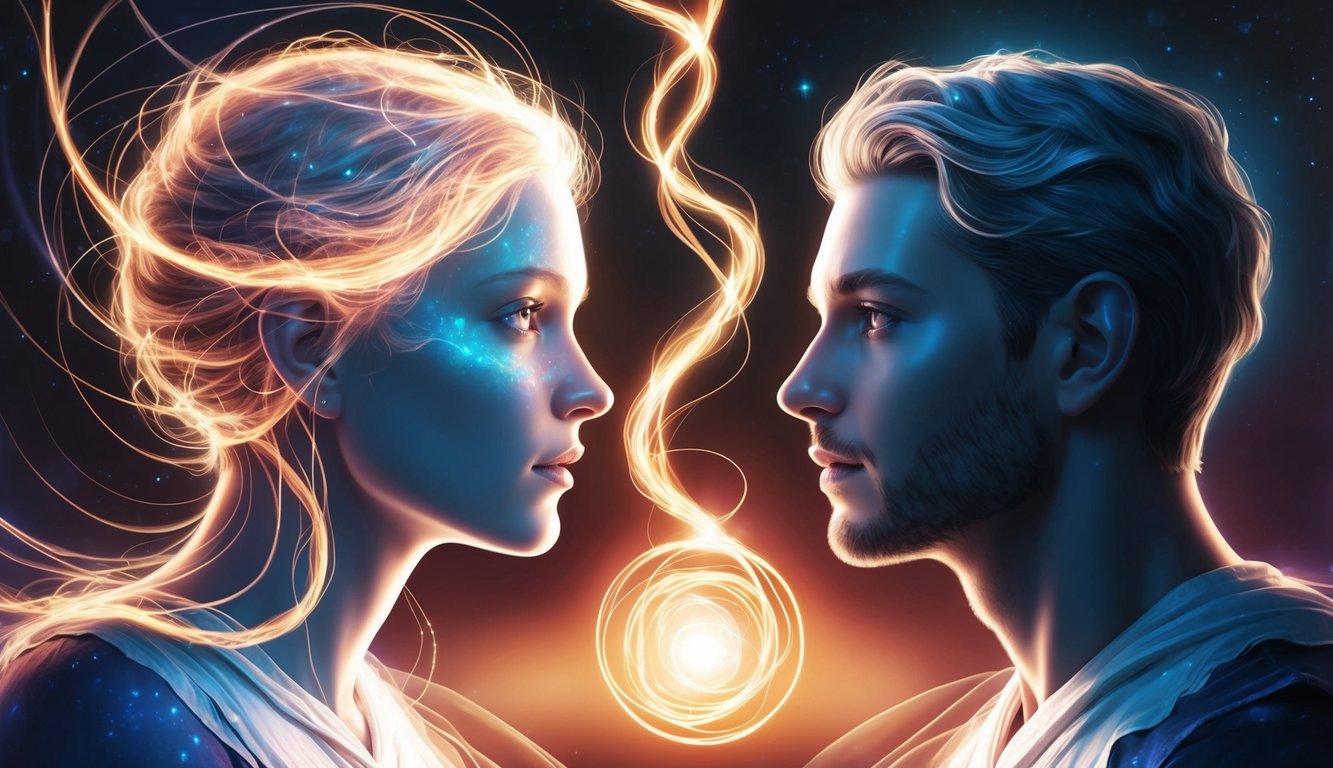 Two souls connected by a glowing, ethereal thread, emanating energy that intertwines and influences the space around them