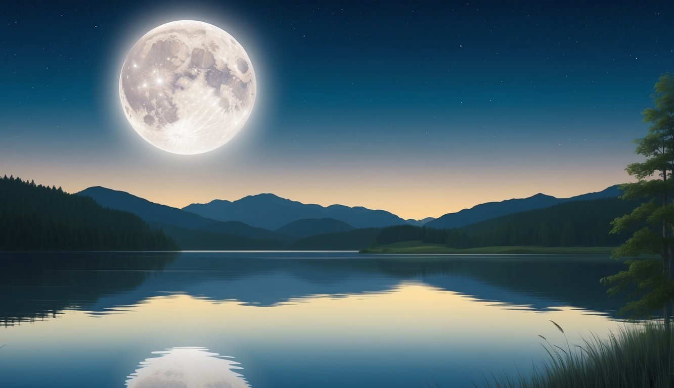 A full moon rising over a calm, reflective lake, casting a soft, ethereal glow on the surrounding landscape