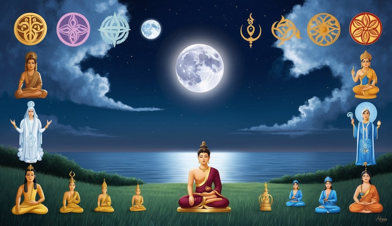 A serene night sky with the moon shining brightly, surrounded by symbols and figures representing different cultures and their spiritual beliefs