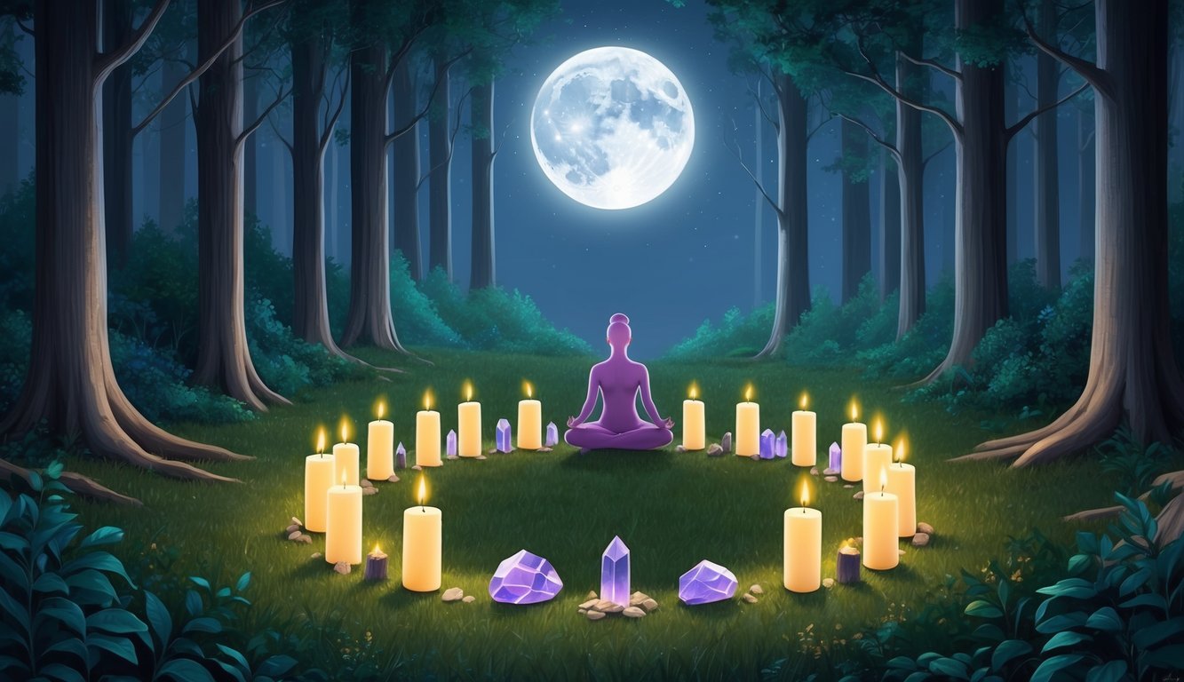 A serene forest clearing bathed in the soft glow of the full moon, with candles and crystals arranged in a circle, and a figure meditating at its center