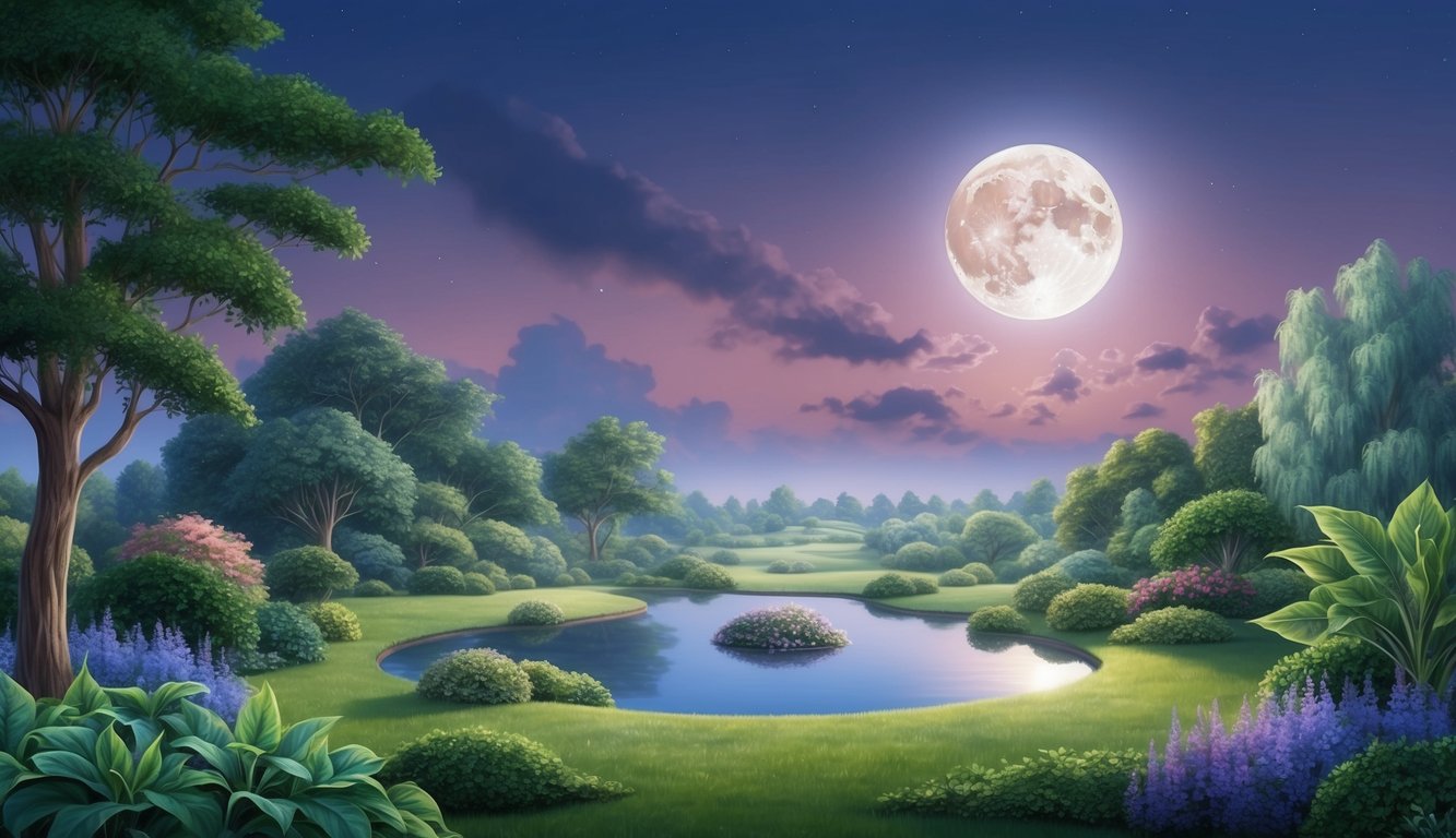 A serene landscape with a full moon rising over a tranquil, lush garden, symbolizing personal growth and spiritual enlightenment