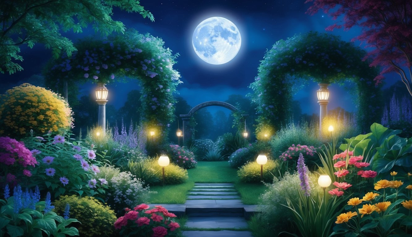 A serene garden bathed in moonlight, with flowers and plants illuminated by the mystical glow of the full moon