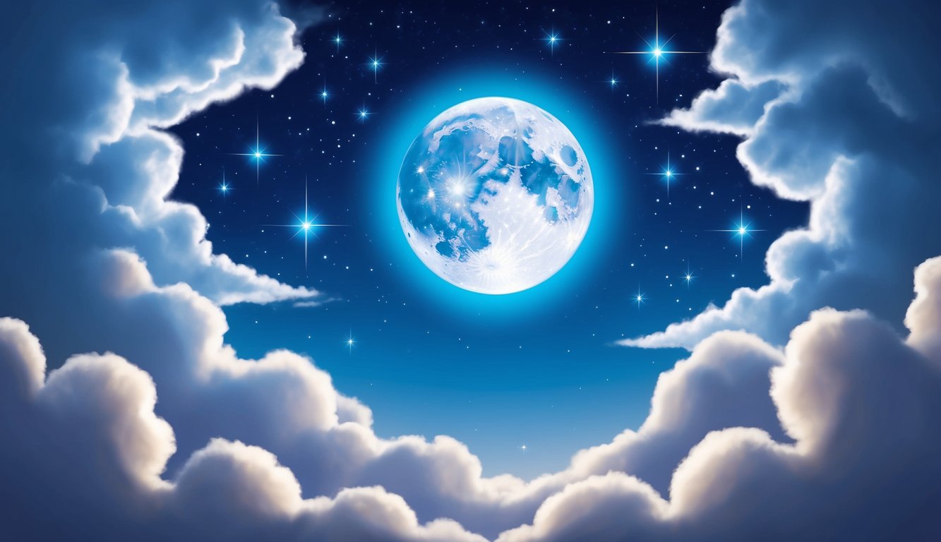 A serene night sky with a bright full moon shining down, surrounded by dreamy clouds and twinkling stars, evoking a sense of spiritual significance