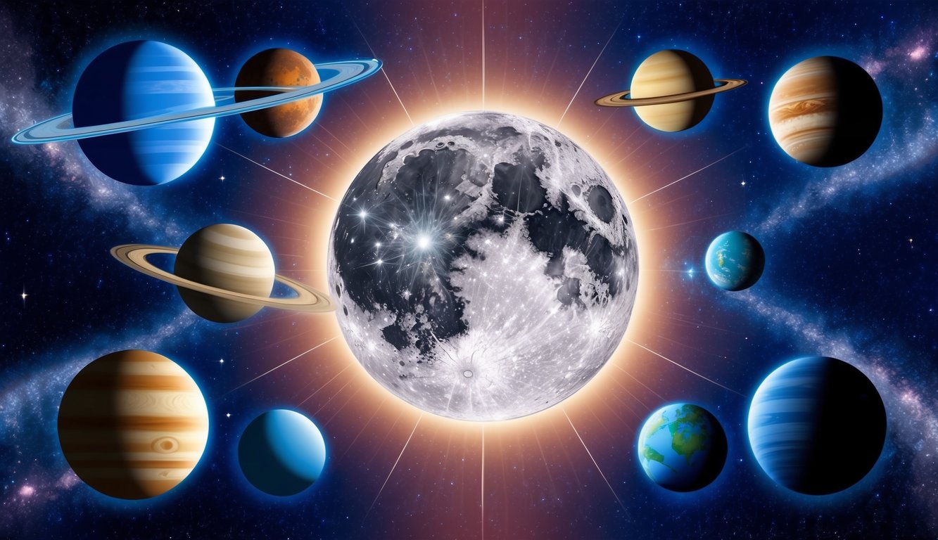 The moon surrounded by the alignment of several planets, creating a celestial display with spiritual significance