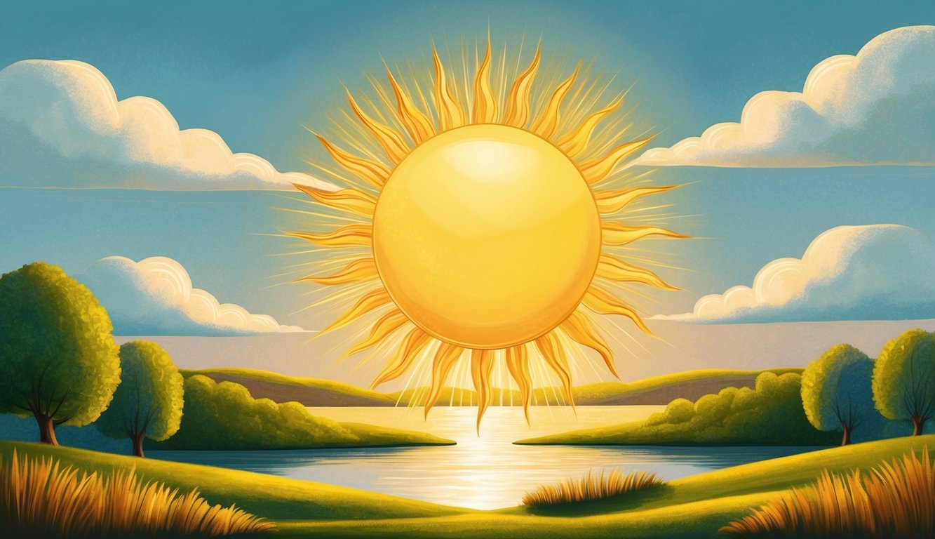 A golden sun shining over a tranquil landscape, symbolizing warmth, energy, and life