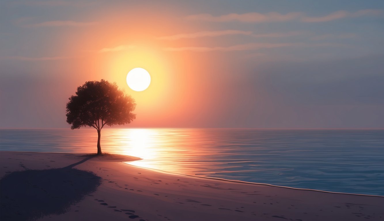 A sun rising over a calm ocean, casting warm light on a solitary tree on the shore