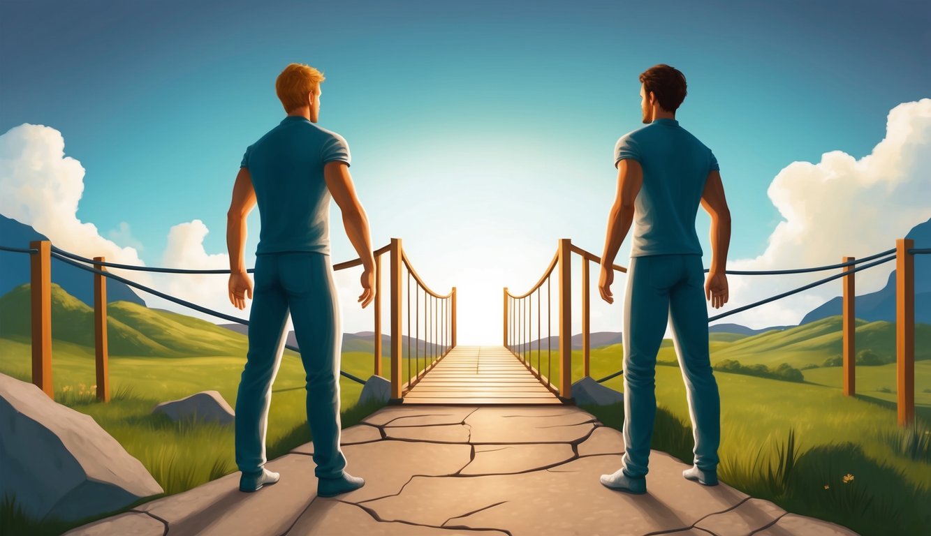 Two figures stand on separate paths, each facing their own obstacles.</p><p>A bridge connects them, symbolizing the challenges of the twin flame stages