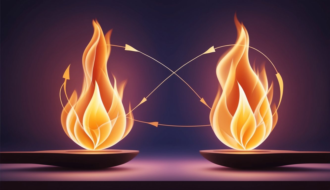 Two interconnected flames flicker and dance, representing the stages of recognition and growth in a spiritual journey