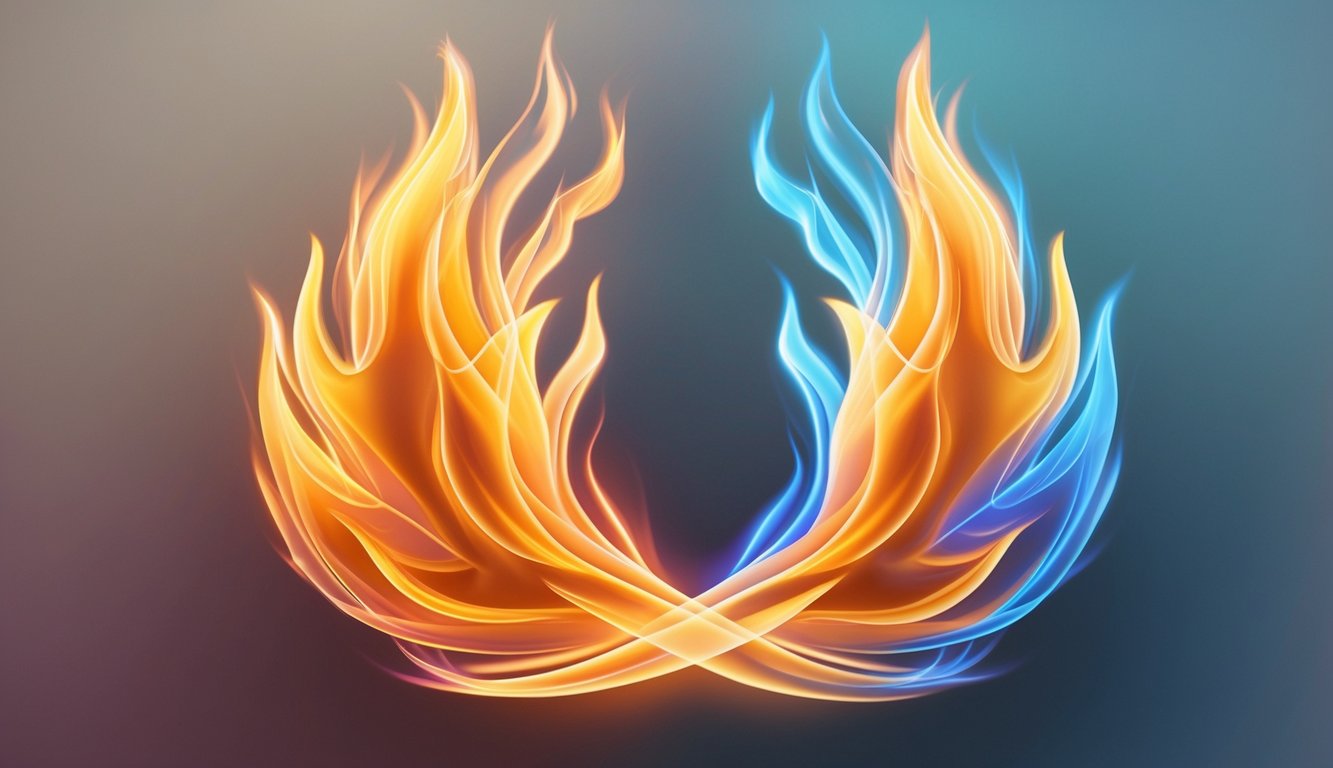 Two flames intertwine, glowing with vibrant energy, representing the stages of a twin flame connection.</p><p>The colors shift from warm to cool, symbolizing the journey of growth and transformation