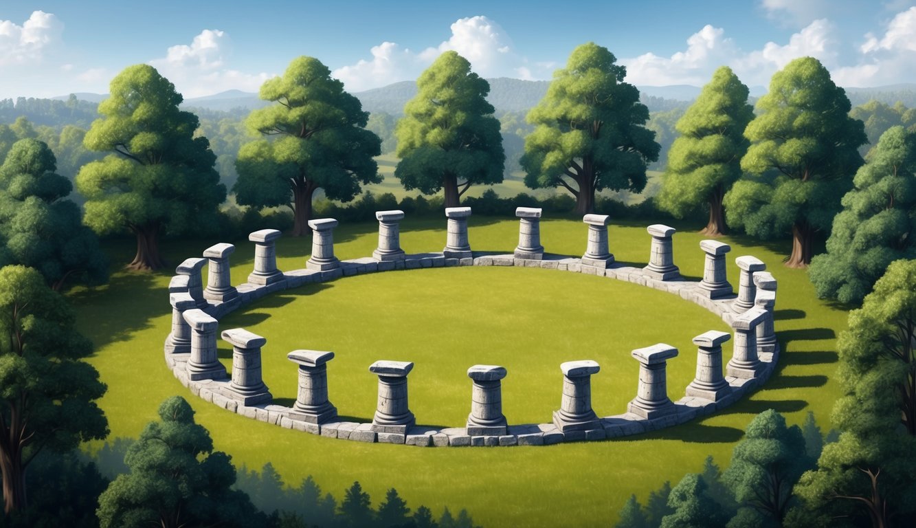 A circle of ancient stone pillars, encircled by a ring of towering trees, symbolizing eternity and unity in a historical landscape