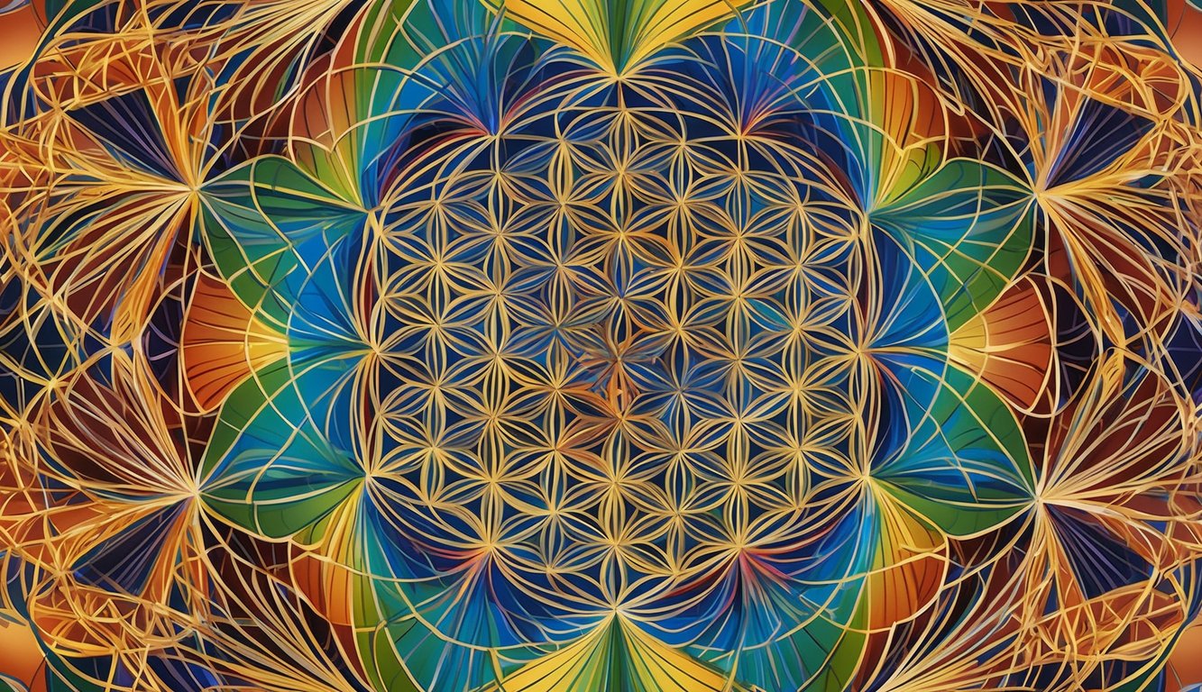 The flower of life pattern radiates intricate geometric symbols, revealing the interconnectedness of mathematical and scientific principles