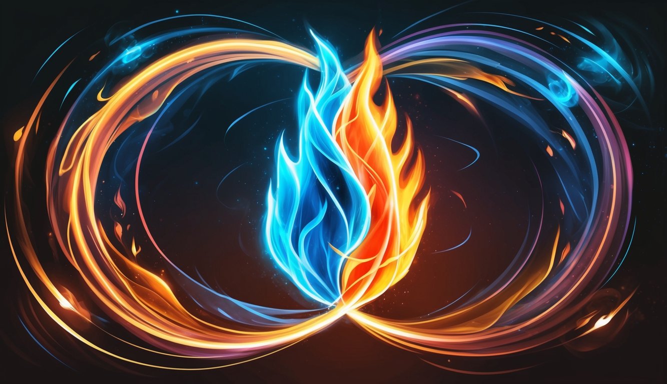 Two intertwined flames, one bright and one dim, surrounded by swirling energy and opposing elements