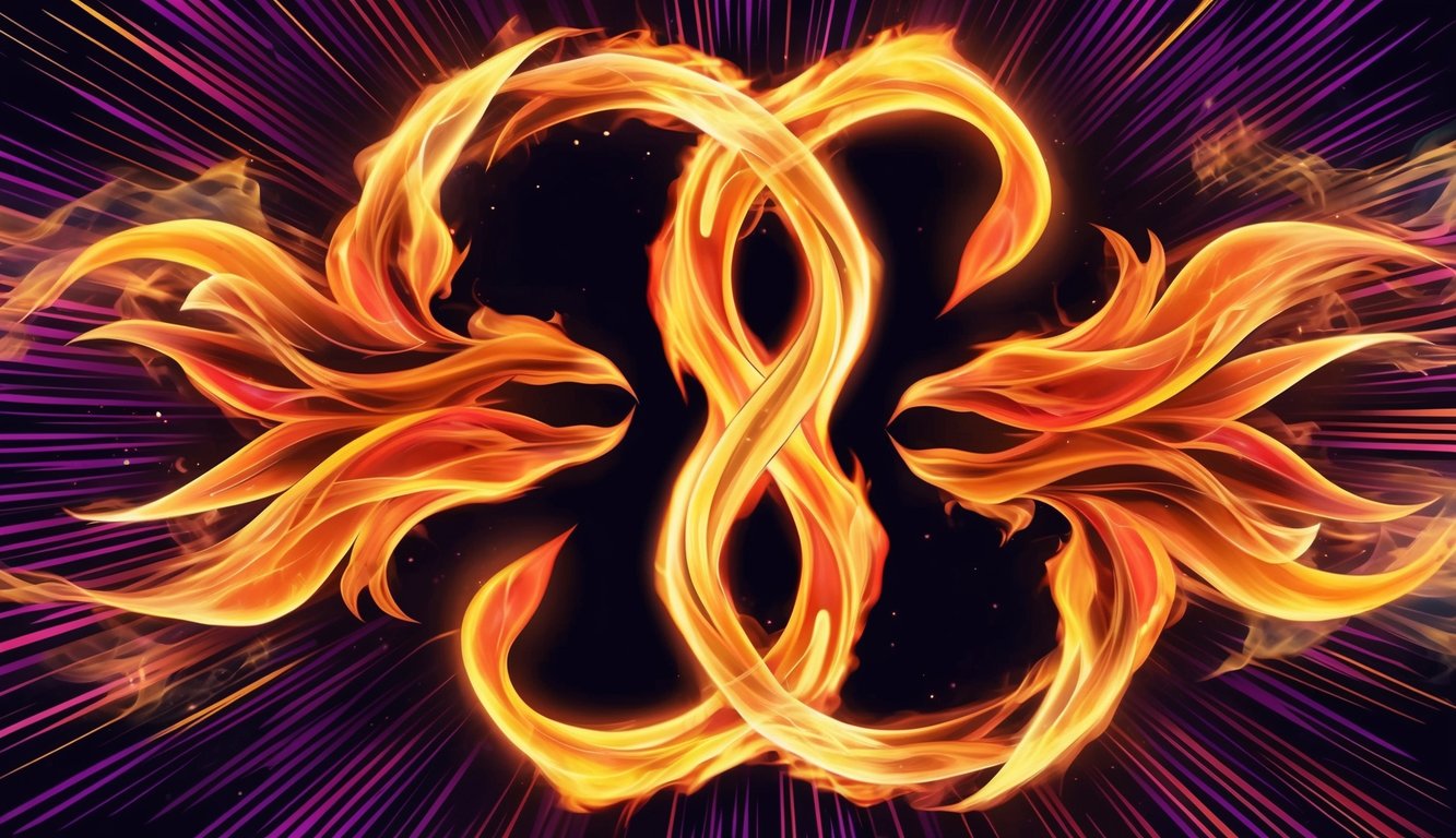 Two flames intertwine, radiating vibrant colors and energy, symbolizing a powerful soul connection in pop culture