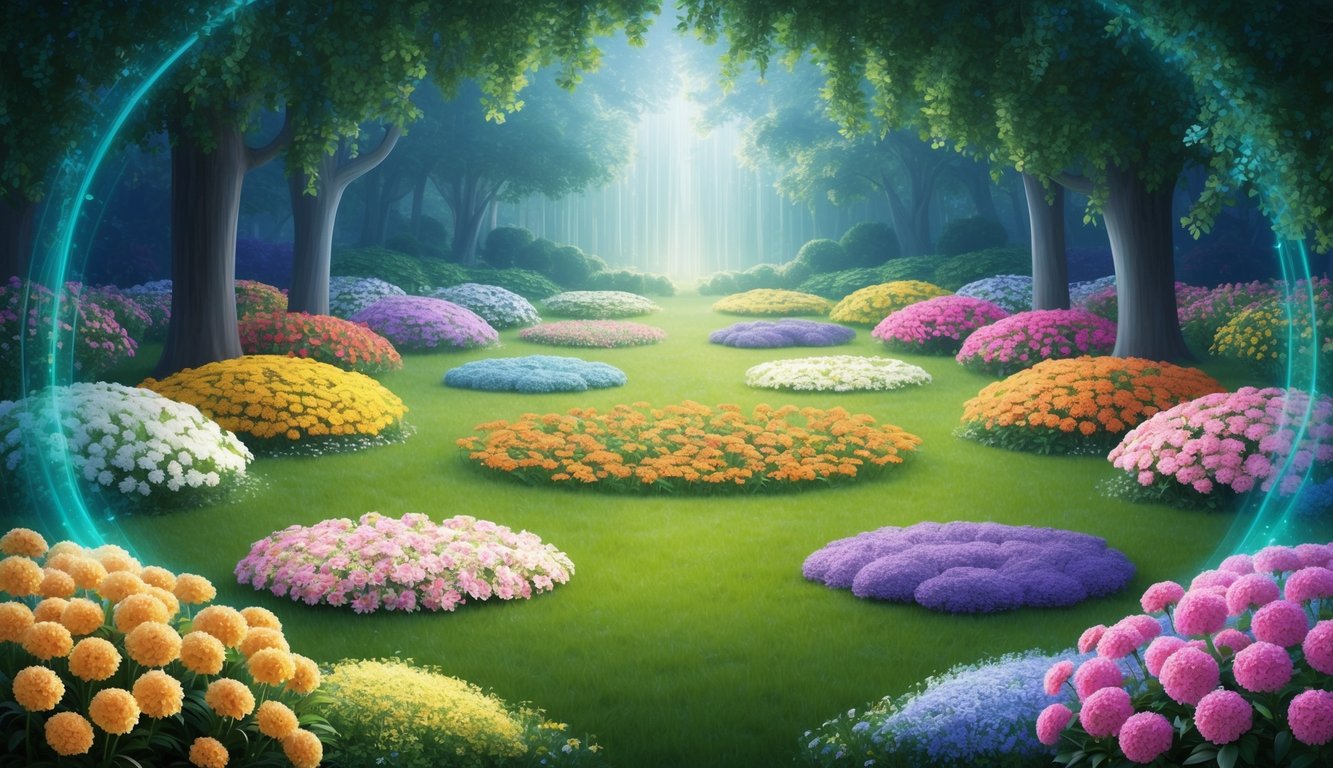 Un jardín sereno con 444 flores de varios colores y tamaños, dispuestas en un patrón armonioso.</p><p>Un aura mística rodea la escena.