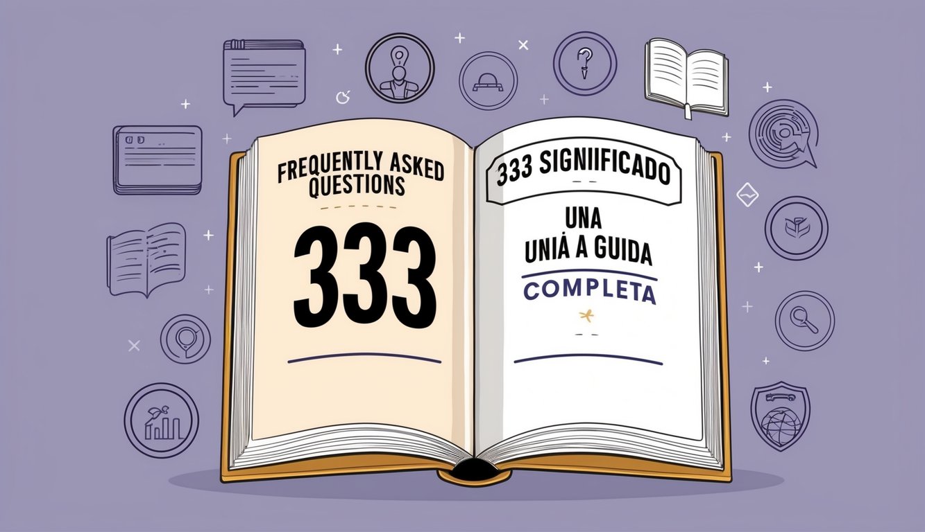 Un libro abierto en una página con el título "Preguntas Frecuentes 333 significado una guía completa" rodeado de varios símbolos e ilustraciones