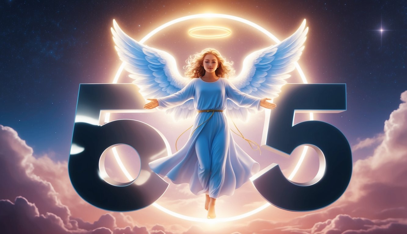 Una figura angelical resplandeciente rodeada por el número 555 en un entorno celestial