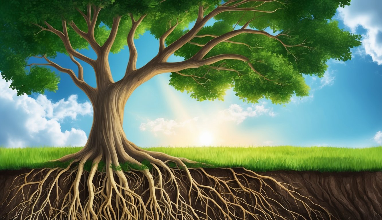 Un árbol con raíces que se extienden profundamente en la tierra, alcanzando el cielo, simbolizando el crecimiento personal y la conexión espiritual