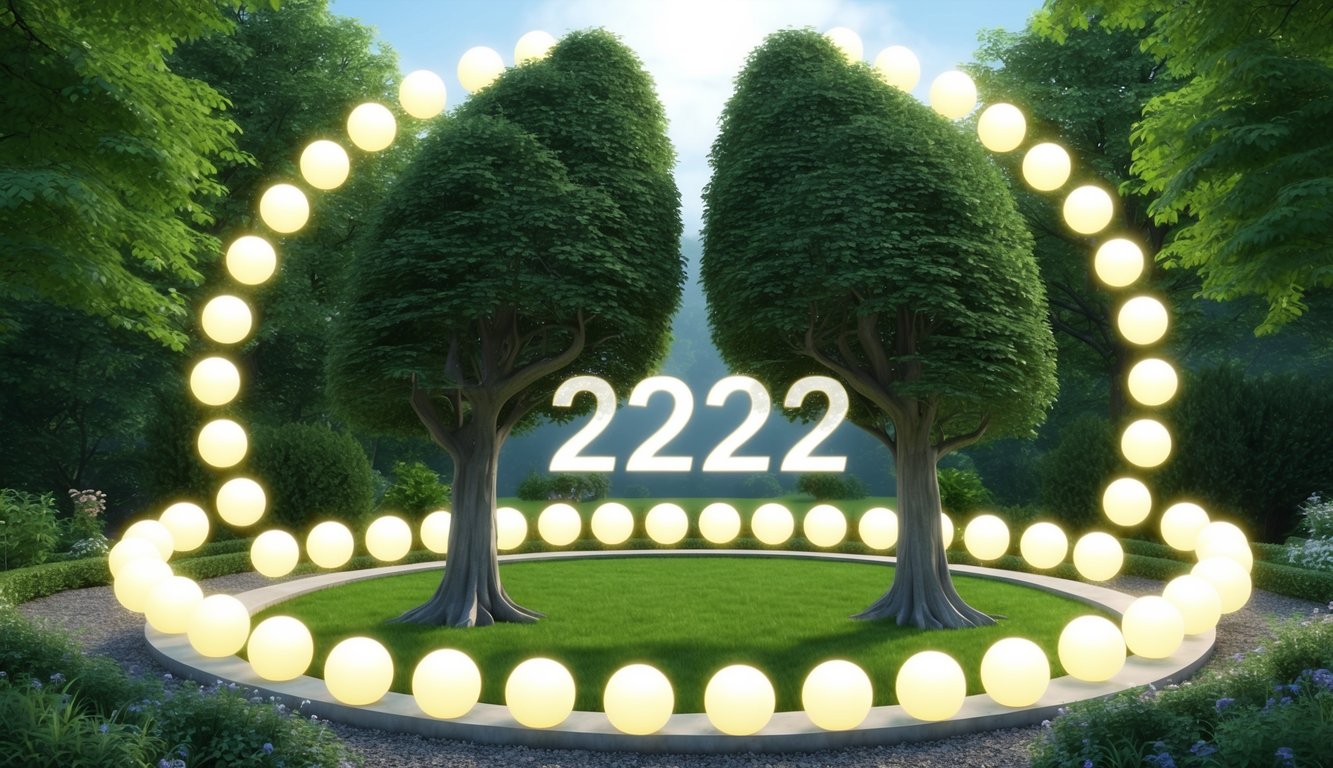 Un jardín sereno con dos árboles idénticos entrelazados, rodeado por un círculo de 222 orbes brillantes, simbolizando la dualidad y unidad del número de ángel 222.