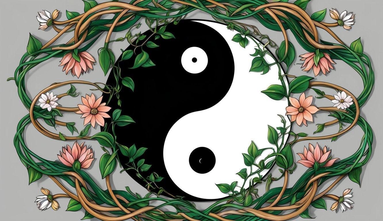 Un símbolo de yin-yang rodeado de vides y flores entrelazadas, que representa la dualidad y la unidad de las fuerzas opuestas en la naturaleza.