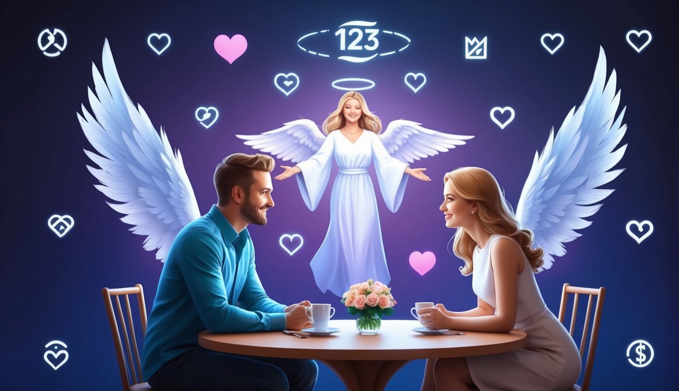 Una pareja se sienta en una mesa, rodeada de 123 símbolos.</p><p>Una figura de ángel misteriosa flota en el fondo, simbolizando el amor y las relaciones.