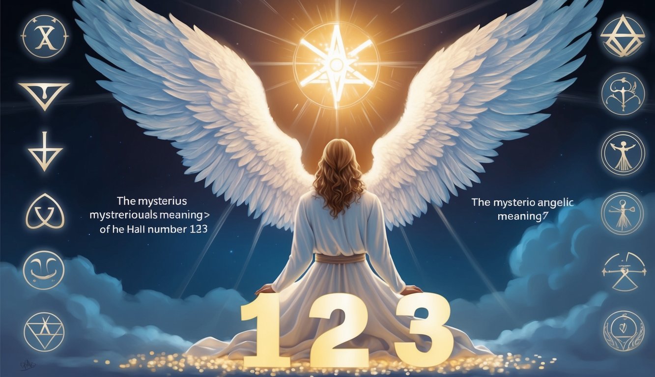 Una figura rodeada de símbolos y luz, contemplando el misterioso significado angelical del número 123