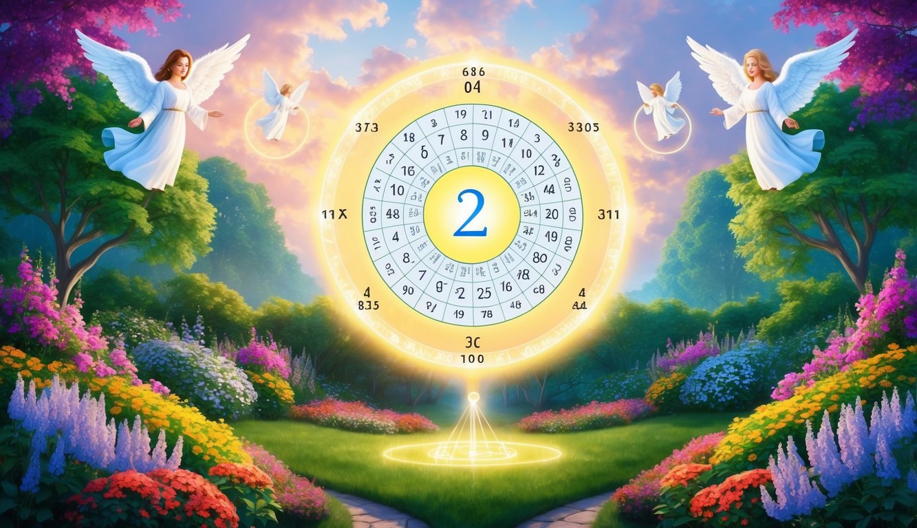 Un jardín sereno con flores vibrantes y un resplandeciente halo de luz que rodea un gráfico de numerología, mientras figuras angelicales flotan arriba.