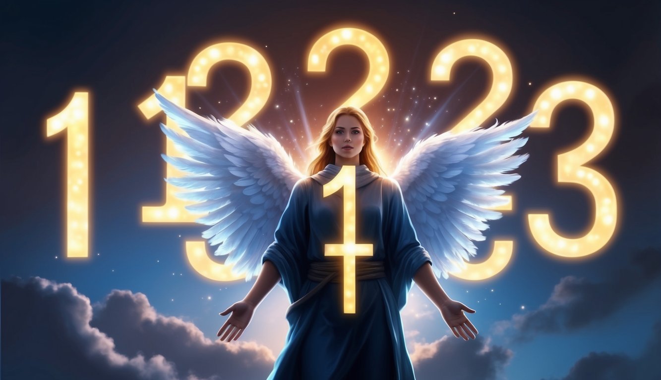 Una figura rodeada de símbolos 123 brillantes, que representan el misterioso significado angelical de los números en la vida cotidiana.